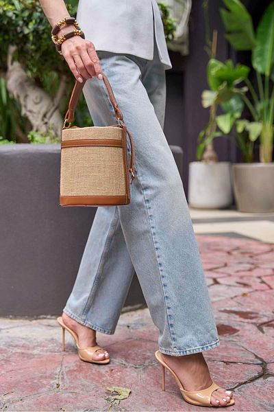 Madamra Taba Straw Women's Contrast Stitched Bucket Hand and Shoulder Bag