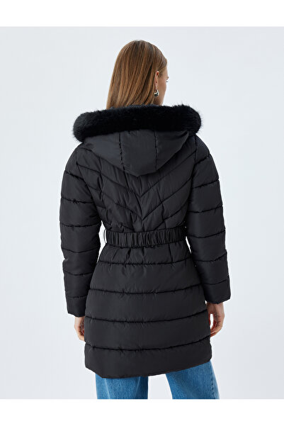 Koton Quilted Long Inflatable Coat Water Repellent Hooded Collar Plush Detailed Pocket