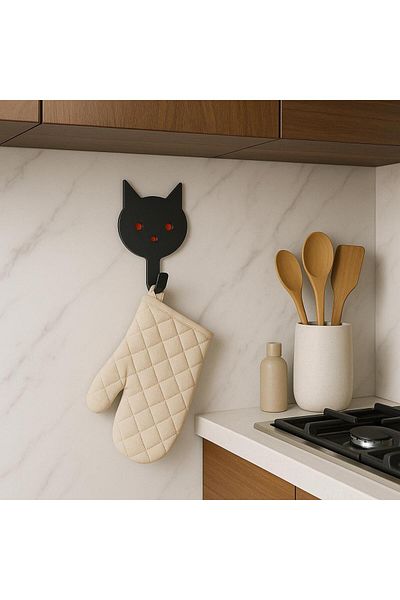 Alper Banyo Adhesive Kitchen - Bathroom Hanger with Cat Figure - No Wall Mounting Required, Decorative and Practical Solution