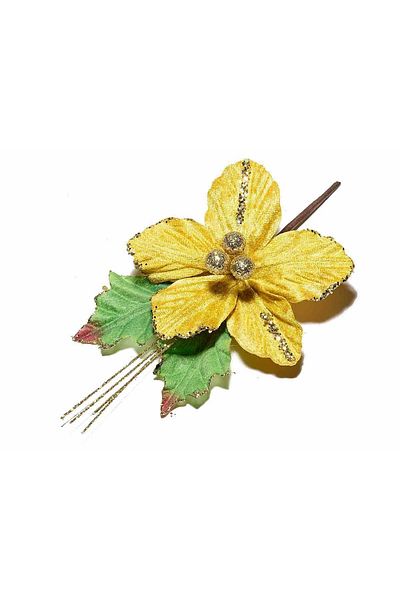 Decorer Crenguta artificiala cu craciunita din velur galben 13 / 22 cm