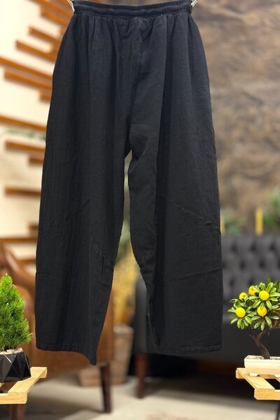 sahnemoda Tasseled Wide Leg Linen Trousers with Pocket Mesh Detail