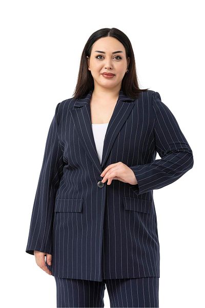 DISENTIS MODEST Plus Size Striped Navy Blue Jacket Pants Double Suit