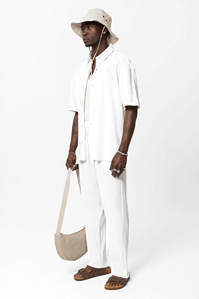 VAMOSCLO Σετ Οθωμανικό Oversize με λεπτομέρεια με σχισμή στο πλάι με κουμπιά-λευκό