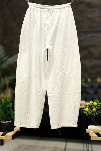 sahnemoda Tasseled Wide Leg Linen Trousers with Pocket Mesh Detail