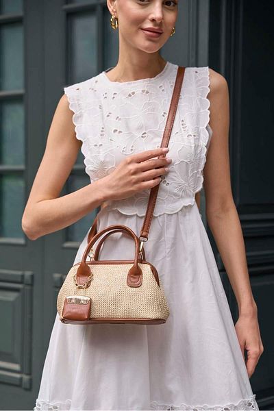 Madamra Tan Women's Straw Textured Mini Handbag