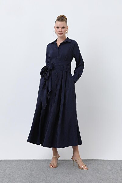 Loreen Γυναικείο φόρεμα λινό με γιακά πουκάμισο με ζώνη διπλό πέτο -20661ELB - Navy Blue