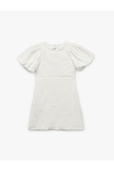 Koton Short Balloon Sleeves Textured Crew Neck A-Line Mini Dress