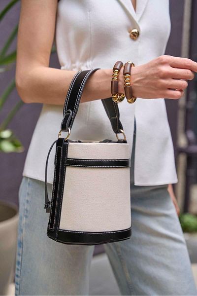 Madamra Canvas- Black Women's Contrast Stitched Bucket Hand and Shoulder Bag