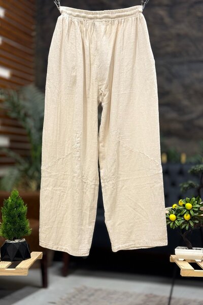 sahnemoda Tasseled Wide Leg Linen Trousers with Pocket Mesh Detail