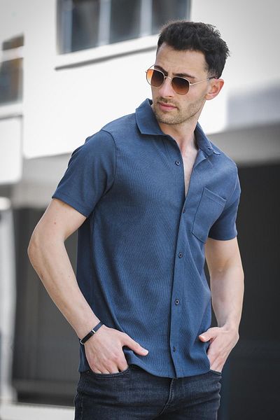 Oksit Ανδρικό πουκάμισο Theo Slim Fit Flexible Lycra με κοντό μανίκι με γιακά