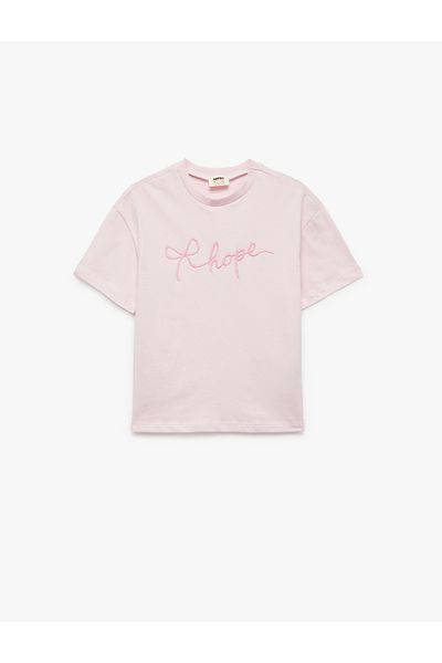 Koton Tricou crop cu mânecă scurtă brodat cu decolteu rotund din bumbac