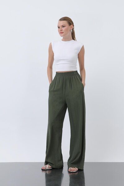 Puane Pantaloni largi de damă cu talie elastică - 18239PNT - KHAKI