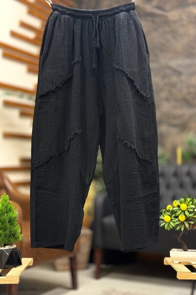 sahnemoda Tasseled Wide Leg Linen Trousers with Pocket Mesh Detail