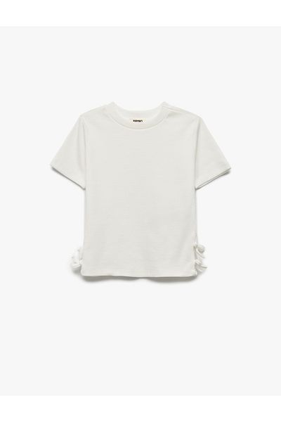 Koton Ribbed Short Sleeve Crew Neck Cotton Bow T-Shirt