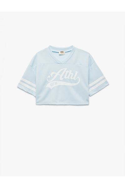 Koton V-Neck Short Sleeve Crop Oversize College Printed T-Shirt