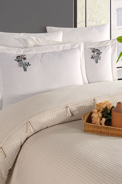 Marka Newhome Double Fringed Hand Embroidered 100% Cotton Luxury Pique Set Beige