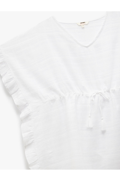 Koton Pamuklu Fırfır Detaylı Bağlamalı Yarasa Kol Müslin Mini Plaj Elbisesi