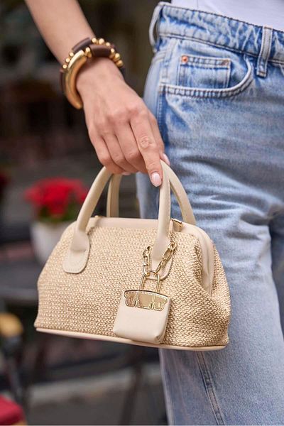Madamra Cream Women's Straw Textured Mini Handbag