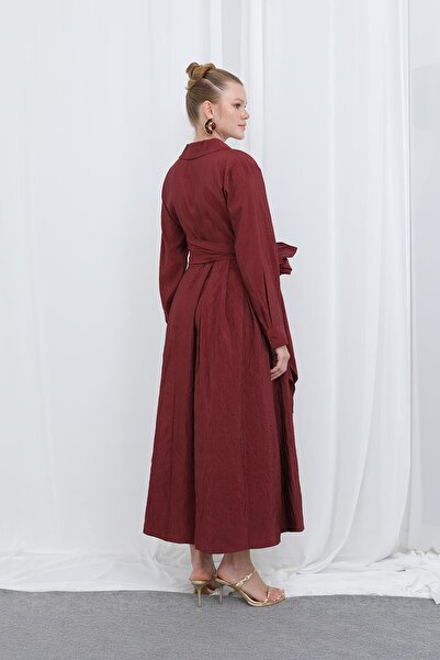 Loreen Γυναικείο φόρεμα λινό με γιακά πουκάμισο με ζώνη διπλό πέτο -20661ELB - Βουργουνδία