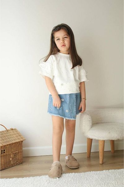 Canlook Girl's Suit with Embroidered Denim Shorts