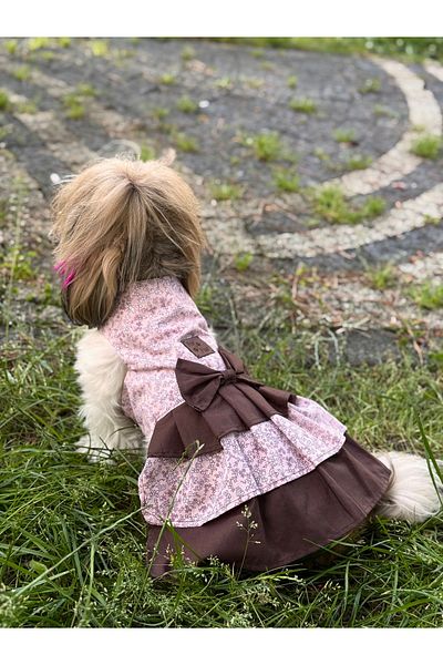 For a Fur Dog Dress Outfit Brown Pink Floral Pattern Poplin Fabric Pleated Cat Dress
