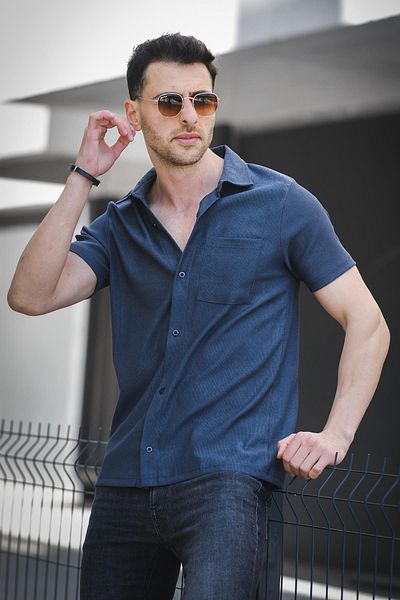 Oksit Ανδρικό πουκάμισο Theo Slim Fit Flexible Lycra με κοντό μανίκι με γιακά