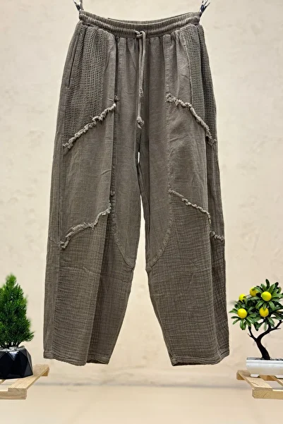 sahnemoda Tasseled Wide Leg Linen Trousers with Pocket Mesh Detail