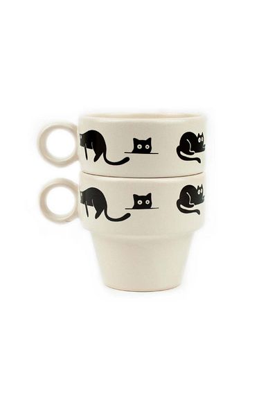 PALTO TASARIM Black Cat Set of 2 Espresso Cups - Gift Ceramic Cup