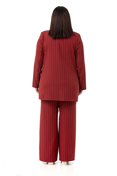 DISENTIS MODEST Plus Size Striped Burgundy Jacket Trousers Double Suit