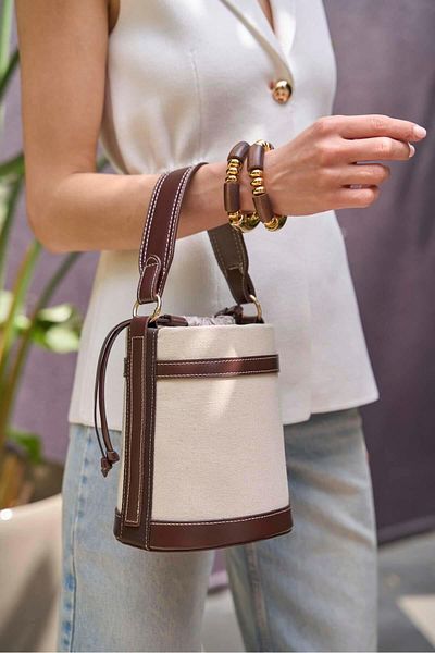 Madamra Canvas Brown Women's Contrast Stitched Bucket Hand and Shoulder Bag