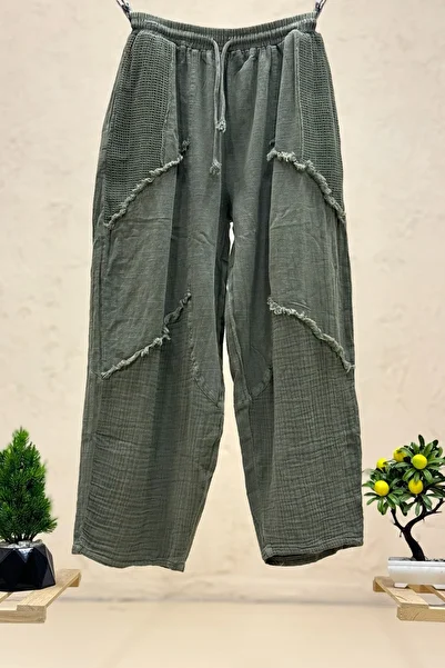 sahnemoda Tasseled Wide Leg Linen Trousers with Pocket Mesh Detail