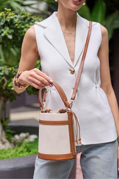 Madamra Canvas-Tan Women's Contrast Stitched Bucket Hand and Shoulder Bag