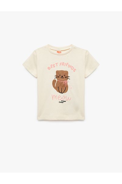 Koton Cotton Short Sleeve Crew Neck Cat Embroidered T-Shirt
