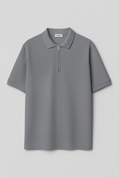 FATELLA Men's Gray Ribbed Half Zip Polo Neck Short Sleeve T-Shirt