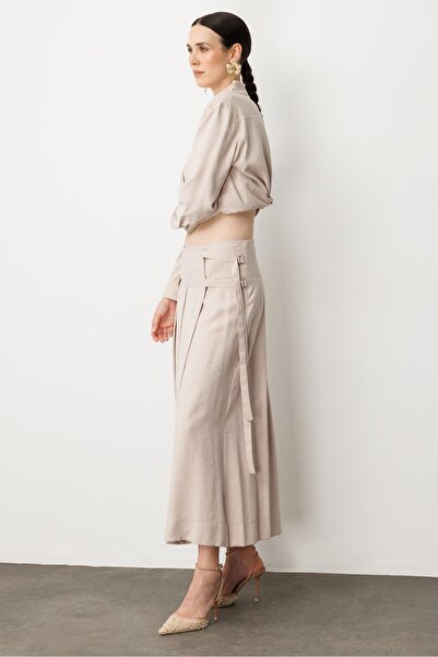 accort Pileli Kuşaklı Uzun Etek-TAŞ