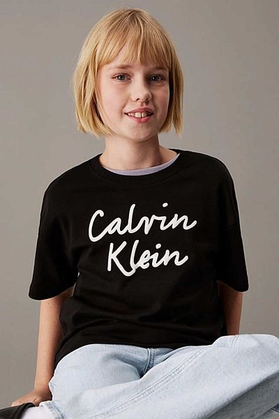 Calvin Klein Girls Black Script Logo Boxy Short Sleeve T-Shirt