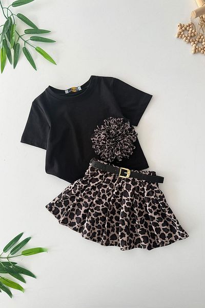 Minigimin Cicileri Tricou cu aplicație florală 3D și fustă cu imprimeu leopard pentru fetiță - negru