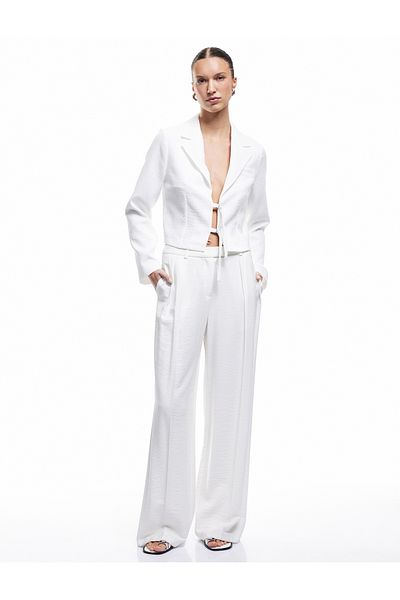 Koton Linen Look Textured Double Breasted Front Tie Detailed Blazer Jacket