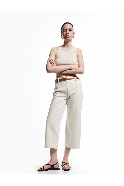 Koton Belt Detailed Pocketed Buttoned Short Wide Leg Trousers - Crop Wide Leg Jean