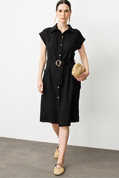 accort Keten Görünümlü Kuşaklı Elbise-SİYAH