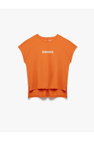 Koton Crew Neck Printed Sleeveless Sports T-Shirt with Slit Detail