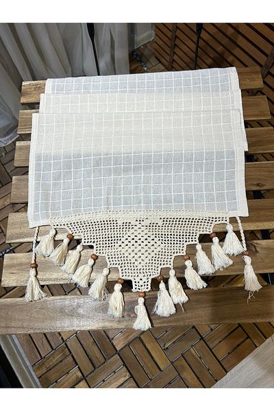 Demirhan Perde Covoraș din dantelă cu ciucuri tricotat manual, Buldan business Shomen 45x150