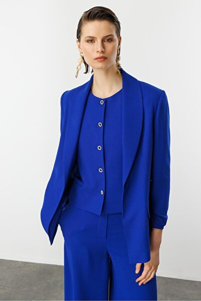 accort Kolu Büzgülü Cep Detaylı Ceket-SAX