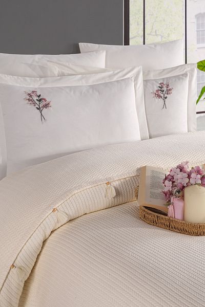Marka Newhome Double Fringed Hand Embroidered 100% Cotton Luxury Pique Set Cream
