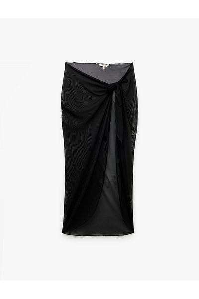 Koton Midi Asymmetrical Tulle Pareo Skirt with Tie Detail