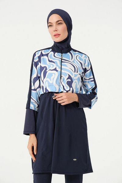 TESMAY Women's Crop Detailed Sports Full Covered Hijab Swimsuit with Elastic Waist 3008-25 Dark Navy Blue