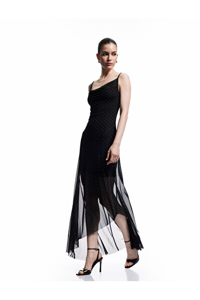 Koton Дълга вечерна рокля от тюл с въжени презрамки, асиметрична драпирана як...