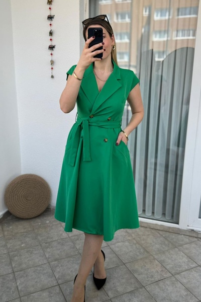 Kubos Moda فستان أخضر بياقة معطف وحزام مزدوج الصدر (أرسل رسالة للحصول على معلومات الحجم)