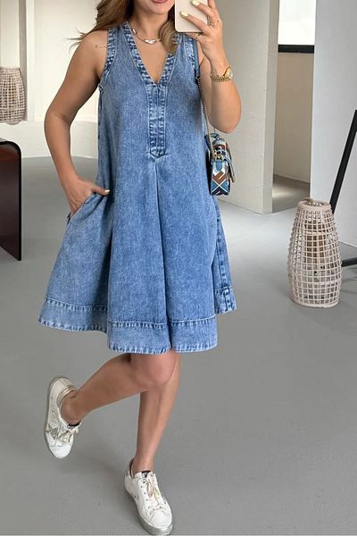 Suzi ROCHIE DE DENIM Pliată în față cu decolteu în V 4S772