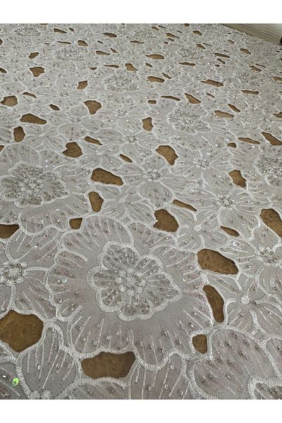 METERİAL Stone Embroidered Large Flower Pattern Lace Fabric – for Evening Dresses and Wedding Dresses, 130 cm